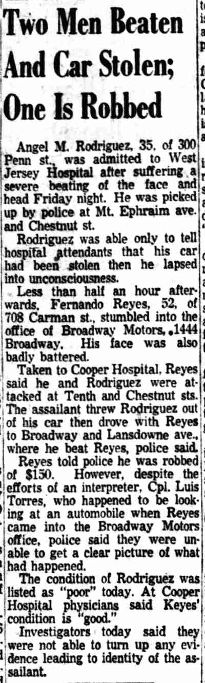 Two Men Beaten And Car Stolen; One Is Robbed - Camden Courier-Post, January 23, 1954