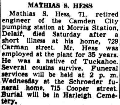 Mathias S. Hess - Camden Courier-Post, March 10, 1941