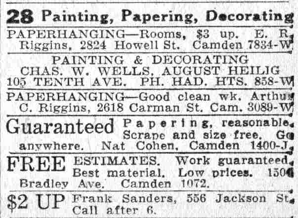 1932 classified ad: Frank Sanders, 556 Jackson Street, painting and paperhanging