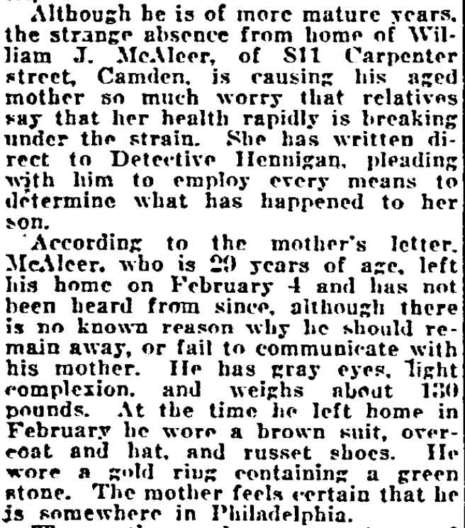 Philadelphia Inquirer, April 2, 1922 — William J. McAleer Missing