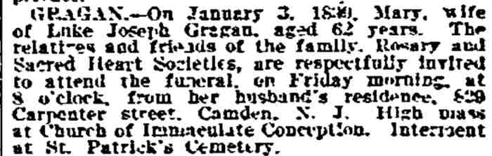Philadelphia Inquirer, January 6, 1899 — Mary Gragan funeral notice