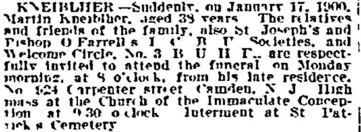 Philadelphia Inquirer, January 24, 1900 — Martin Kneiblher funeral notice