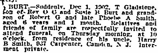 Philadelphia Inquirer, December 4, 1902 — T. Gladstone Burt funeral notice