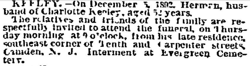 Philadelphia Inquirer, December 5, 1892 — Herman Keeley obituary