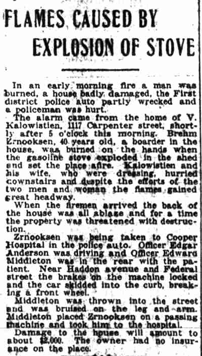 Camden Post-Telegram, September 25, 1920 — Flames Caused by Explosion of Stove
