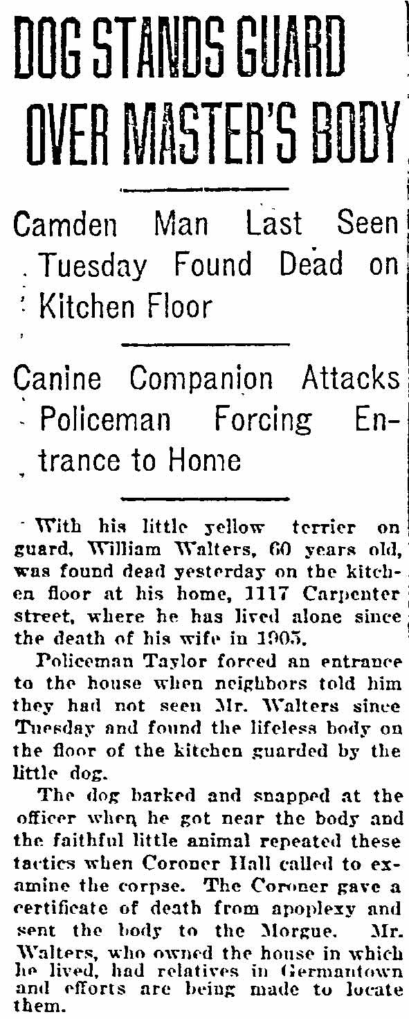 Philadelphia Inquirer, December 14, 1919 — Dog Stands Guard Over Master's Body
