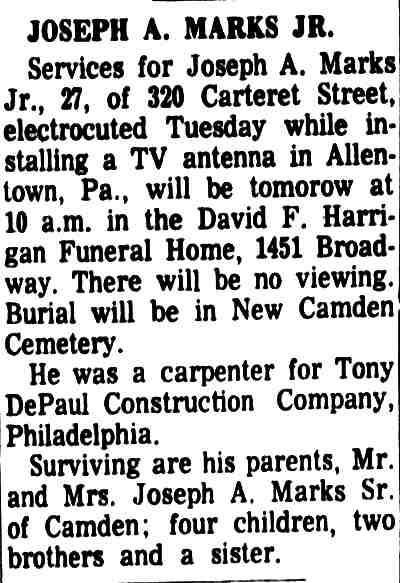 Obituary of Joseph A. Marks Jr., 320 Carteret Street, Camden Courier-Post, January 14, 1966