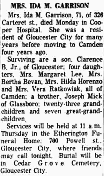 Obituary of Mrs. Ida M. Garrison, 326 Carteret Street, Camden Courier-Post, July 11, 1962