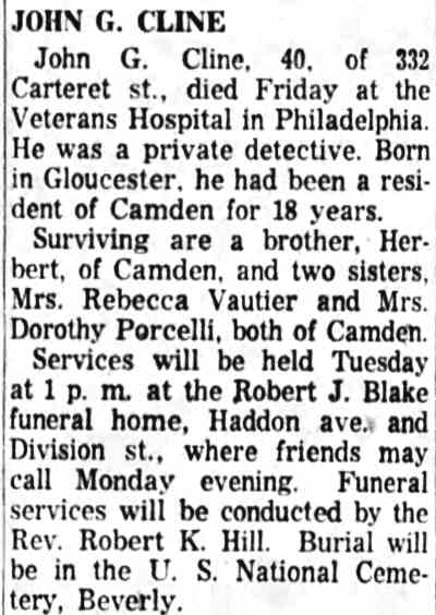 Obituary of John G. Cline, 332 Carteret Street, Camden Courier-Post, March 26, 1960