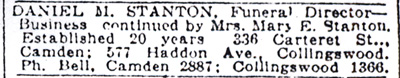 Daniel M. Stanton Funeral Director advertisement, 336 Carteret Street, Camden Courier-Post, February 22, 1927