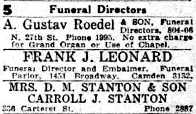 Mrs. D.M. Stanton and Son funeral directors directory listing, 336 Carteret Street, 1932