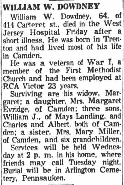 Obituary of William W. Dowdney, 414 Carteret Street, Camden Courier-Post, February 28, 1955