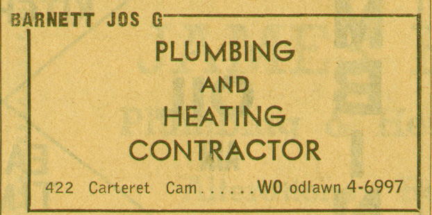 Joseph G. Barnett, Plumbing and Heating Contractor, 422 Carteret Street, New Jersey Bell Yellow Pages, 1955
