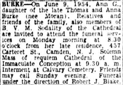 Funeral notice for Ann G. Burke, 457 Carteret Street, Camden Courier-Post, June 12, 1954