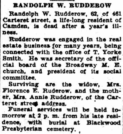 Obituary of Randolph W. Rudderow, 461 Carteret Street, Camden Courier-Post, September 11, 1934