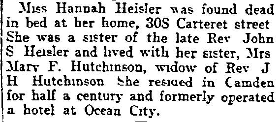 Notice that Hannah Heisler was found dead at 308 Carteret Street, Philadelphia Inquirer, October 2, 1915