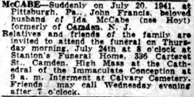 McCabe funeral notice listing Stanton's Funeral Home, 336 Carteret Street, Camden Courier-Post, July 24, 1941