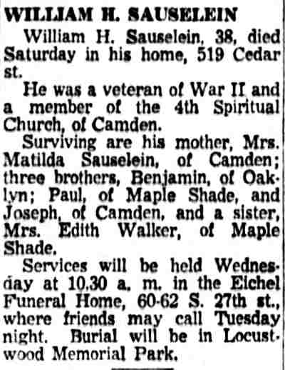 Camden Courier-Post, June 25, 1956 — William H. Sauselein obituary, 519 Cedar Street