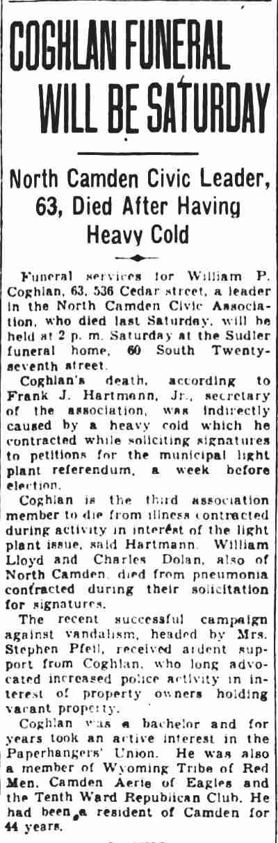 Camden Courier-Post, January 3, 1934 — William P. Coghlan obituary, 536 Cedar Street