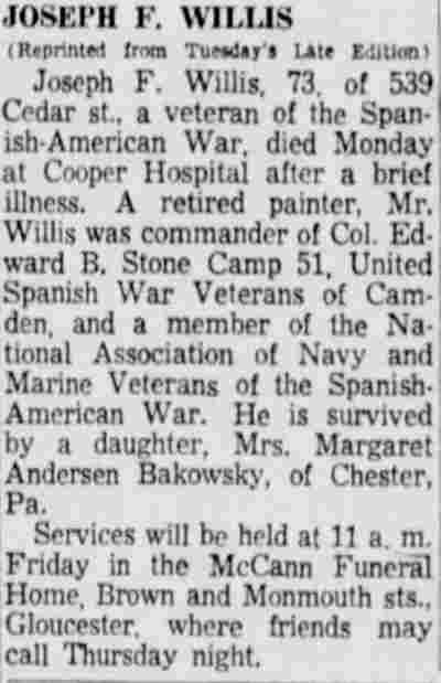 Camden Courier-Post, January 8, 1958 — Joseph F. Willis obituary, 539 Cedar Street
