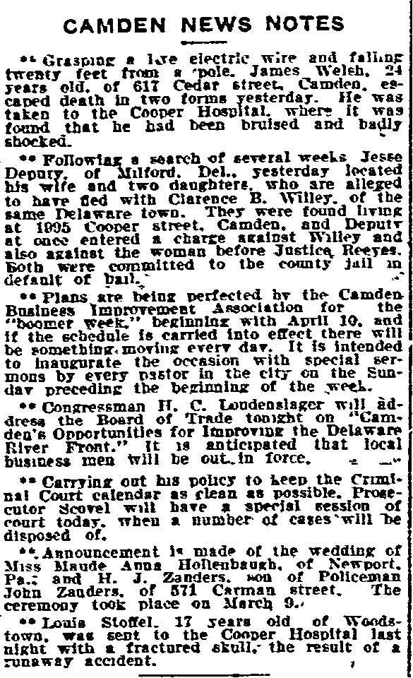 Philadelphia Inquirer, March 11, 1910 — Camden News Notes, 617 Cedar Street