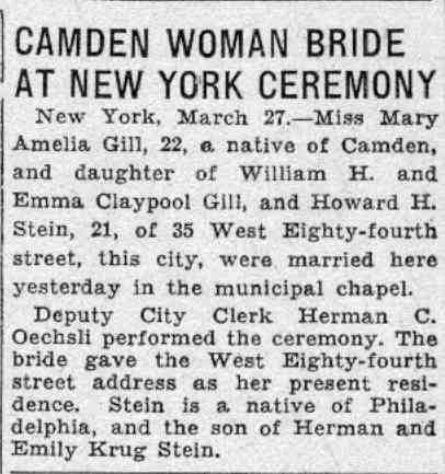 Philadelphia Inquirer, March 28, 1932 — Mary Amelia Gill wedding, 621 Cedar Street
