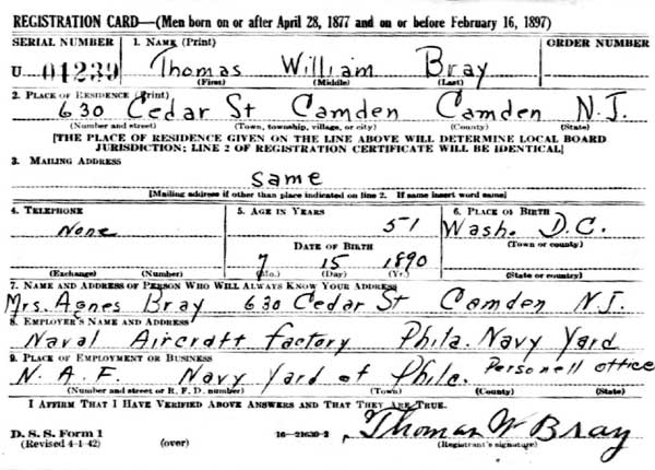 World War II Draft Registration Card — Thomas William Bray, 630 Cedar Street, April 1942