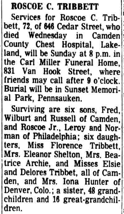 Camden Courier-Post, February 17, 1966 — Roscoe C. Tribbett obituary, 646 Cedar Street