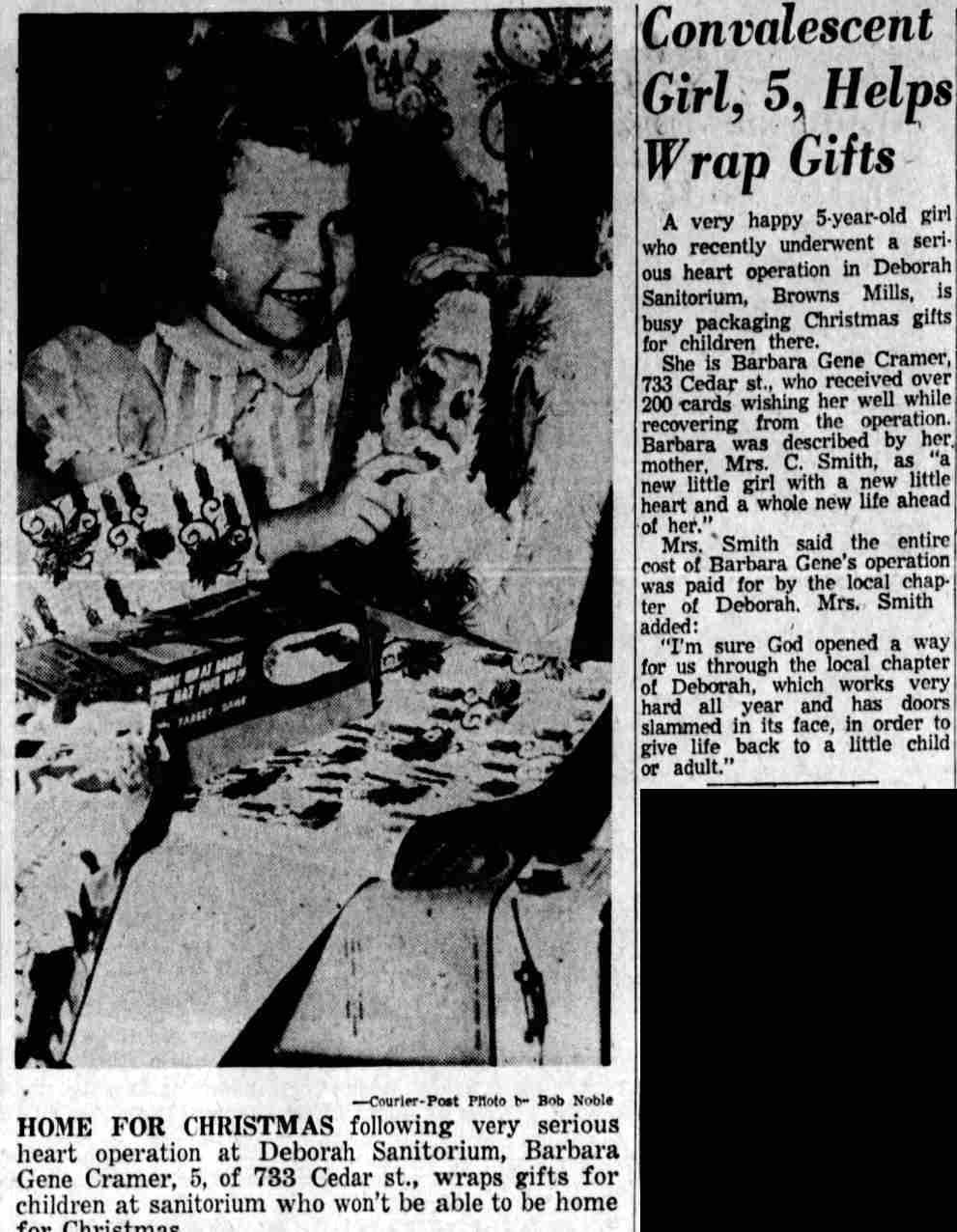 Camden Courier-Post, December 19, 1958 — Barbara Gene Cramer, 733 Cedar Street, Deborah Sanitorium heart operation
