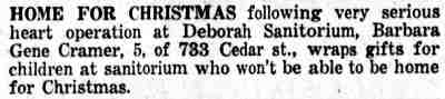 Camden Courier-Post headline — Barbara Gene Cramer, 5, of 733 Cedar Street, wraps Christmas gifts after heart operation at Deborah Sanitorium