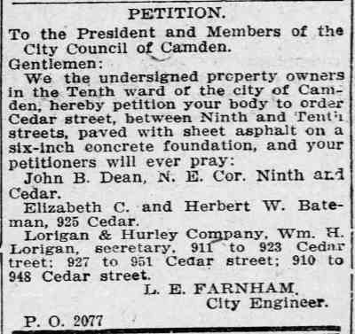 Camden Daily Courier, June 28, 1913 — Petition to pave Cedar Street between Ninth and Tenth Streets