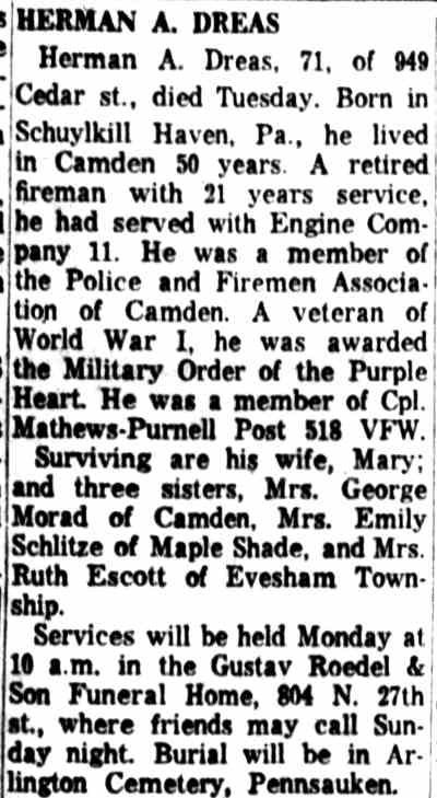 Camden Courier-Post, November 23, 1961 — Herman A. Dreas obituary, 949 Cedar Street