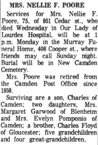 Camden Courier-Post, February 5, 1965 — Mrs. Nellie F. Poore obituary, 951 Cedar Street