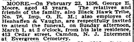 Philadelphia Inquirer, March 1, 1896 — George E. Moore obituary, 413 Cedar Street