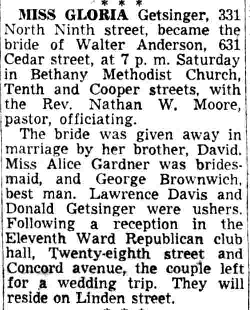 Camden Courier-Post, August 2, 1950 — Getsinger-Anderson wedding at Bethany Methodist Church