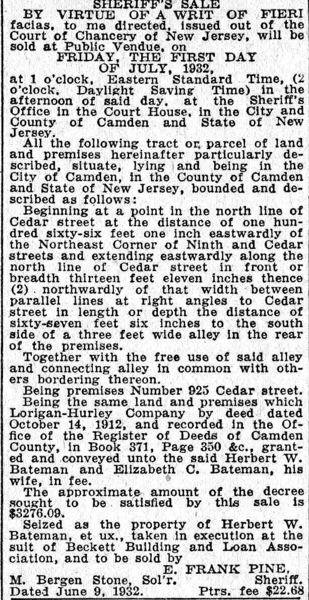 Camden Courier-Post, June 9, 1932 — Sheriff's sale, 925 Cedar Street, Bateman property
