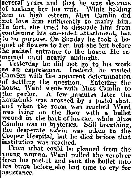 Philadelphia Inquirer, February 18, 1913, page 2 — George Ward suicide at 526 Cedar Street