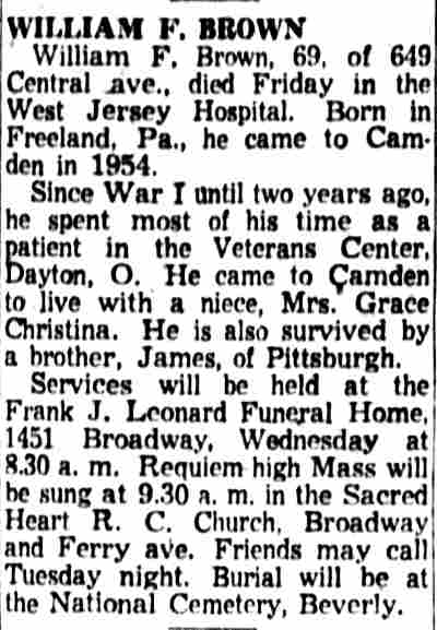 William F. Brown obituary — 649 Central Avenue, Camden Courier-Post, May 21, 1956