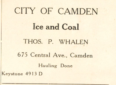Thomas P. Whalen — City of Camden Ice and Coal — 1919 Banquet Program Advertisement