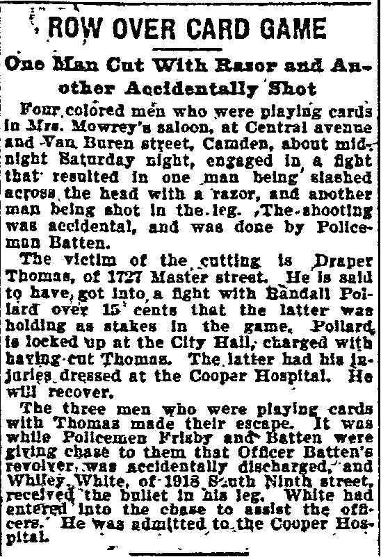 Row Over Card Game — Mrs. Mowrey's Saloon, 681 Central Avenue — Philadelphia Inquirer, February 13, 1899
