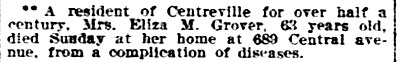 Mrs. Eliza M. Grover Dead — 689 Central Avenue — Philadelphia Inquirer, February 27, 1912
