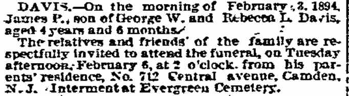 Davis Death Notice — 712 Central Avenue — Philadelphia Inquirer, February 6, 1894