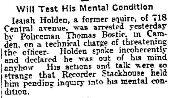 Will Test His Mental Condition — 718 Central Avenue — Isaiah Holden — Philadelphia Inquirer, May 21, 1915