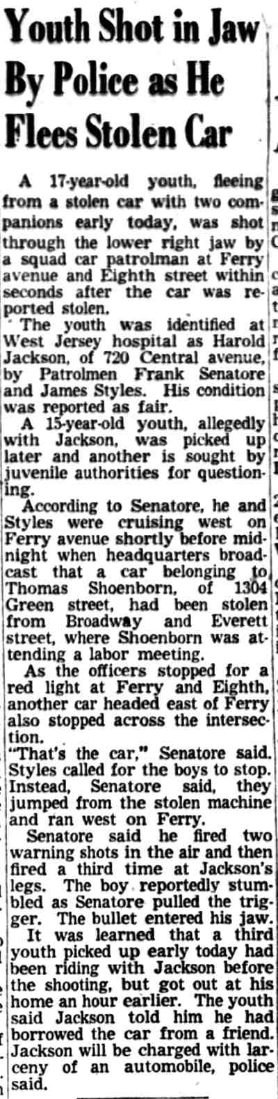 Youth Shot in Jaw By Police as He Flees Stolen Car — 720 Central Avenue — Harold Jackson — Camden Courier-Post, December 11, 1951