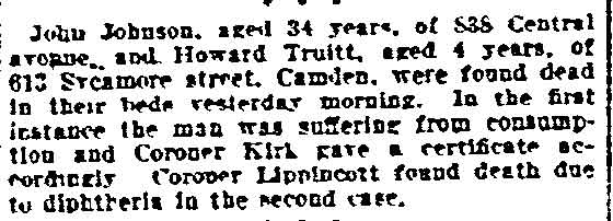 Two Found Dead in Camden — 838 Central Avenue — John Johnson — Philadelphia Inquirer, May 24, 1905