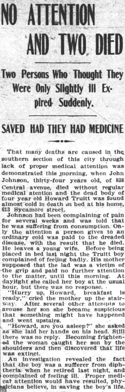 No Attention and Two Died — 838 Central Avenue — John Johnson — Camden Daily Courier, May 23, 1905