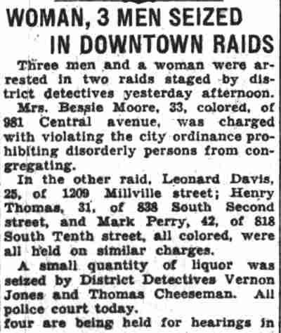 Woman, 3 Men Seized in Downtown Raids — 981 Central Avenue — Mrs. Bessie Moore — Camden Courier-Post, September 13, 1933