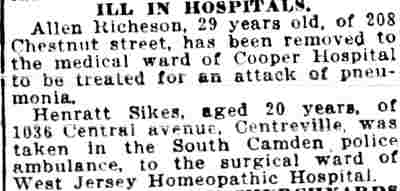 Ill in Hospitals — 1036 Central Avenue — Henrietta Sikes — Camden Daily Courier, June 29, 1921