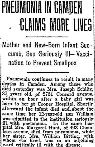 Philadelphia Inquirer clipping, January 7, 1916 — Pneumonia in Camden Claims More Lives