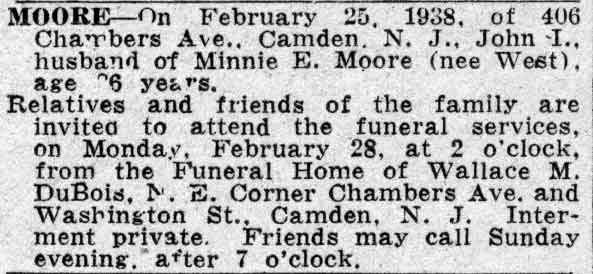 Obituary notice for John I. Moore, 406 Chambers Avenue, Camden Courier-Post, February 26, 1938